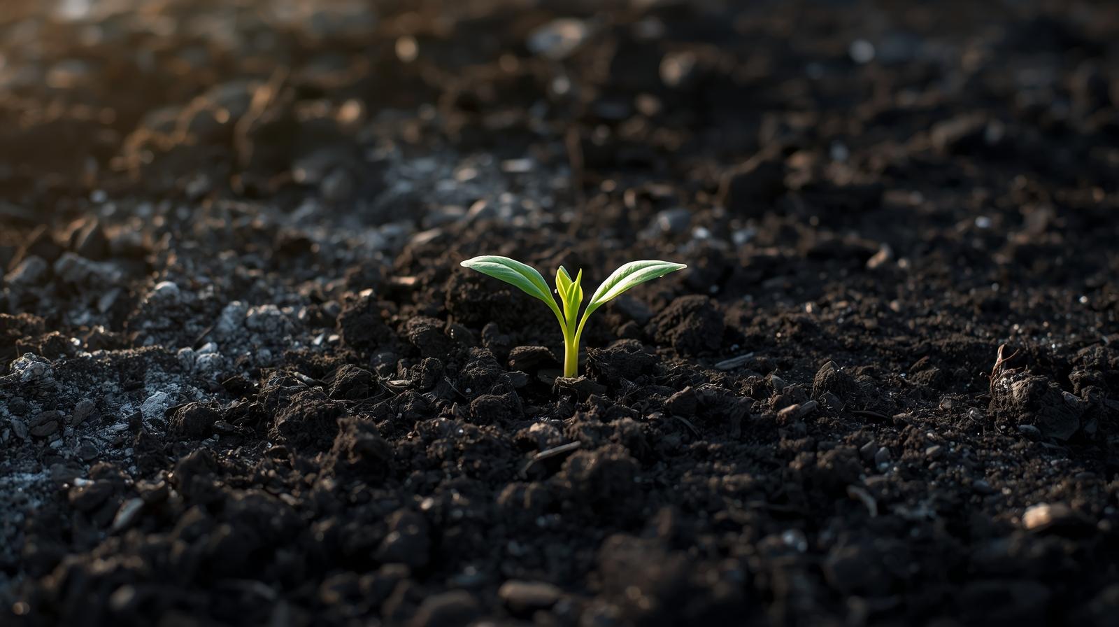 灰から新しい命が芽吹くようなイメージ